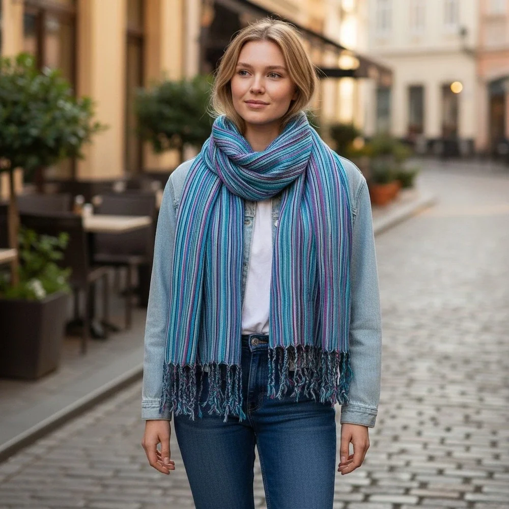 Silk Scarf Women Multi-Color Striped Fringe Lightweight Accessory
